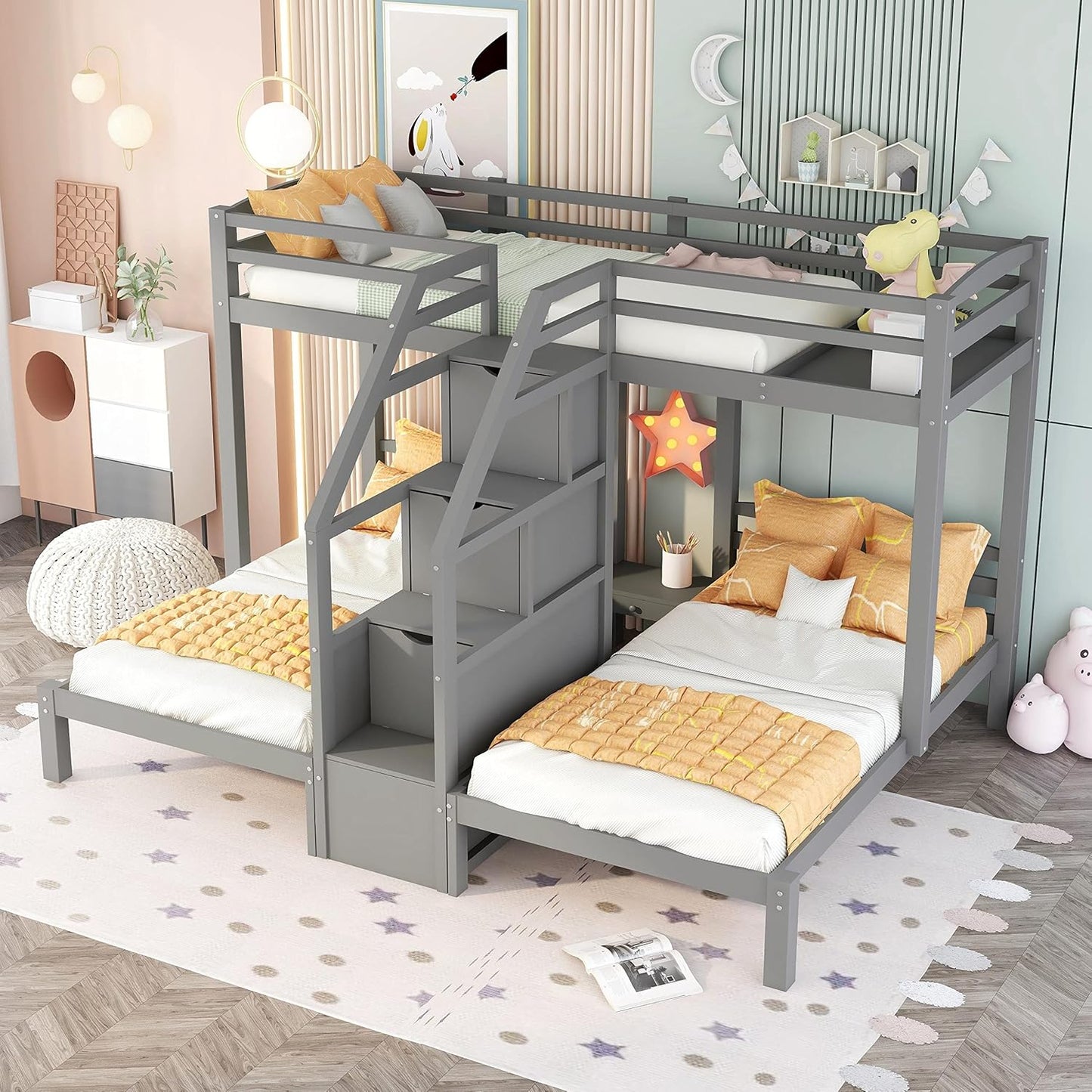 DAAY BABY Twin Over Twin Bunk Bed For 3