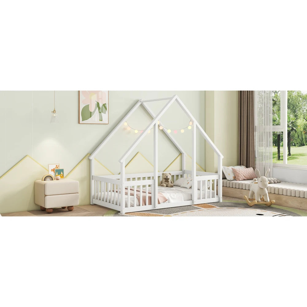 DAAY BABY Twin Wood House-Shaped Floor Bed with Fence