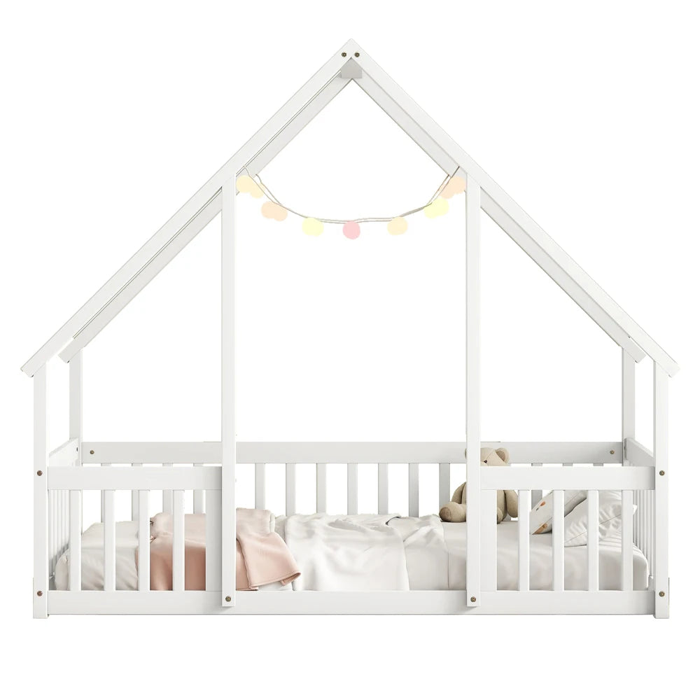 DAAY BABY Twin Wood House-Shaped Floor Bed with Fence