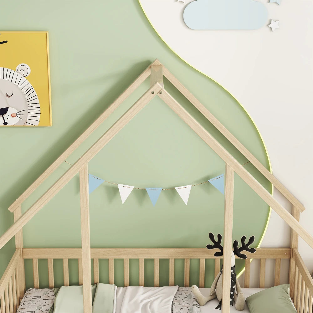 DAAY BABY Twin Wood House-Shaped Floor Bed with Fence