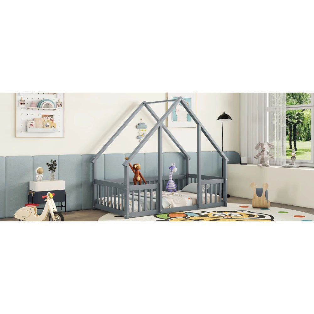 DAAY BABY Twin Wood House-Shaped Floor Bed with Fence