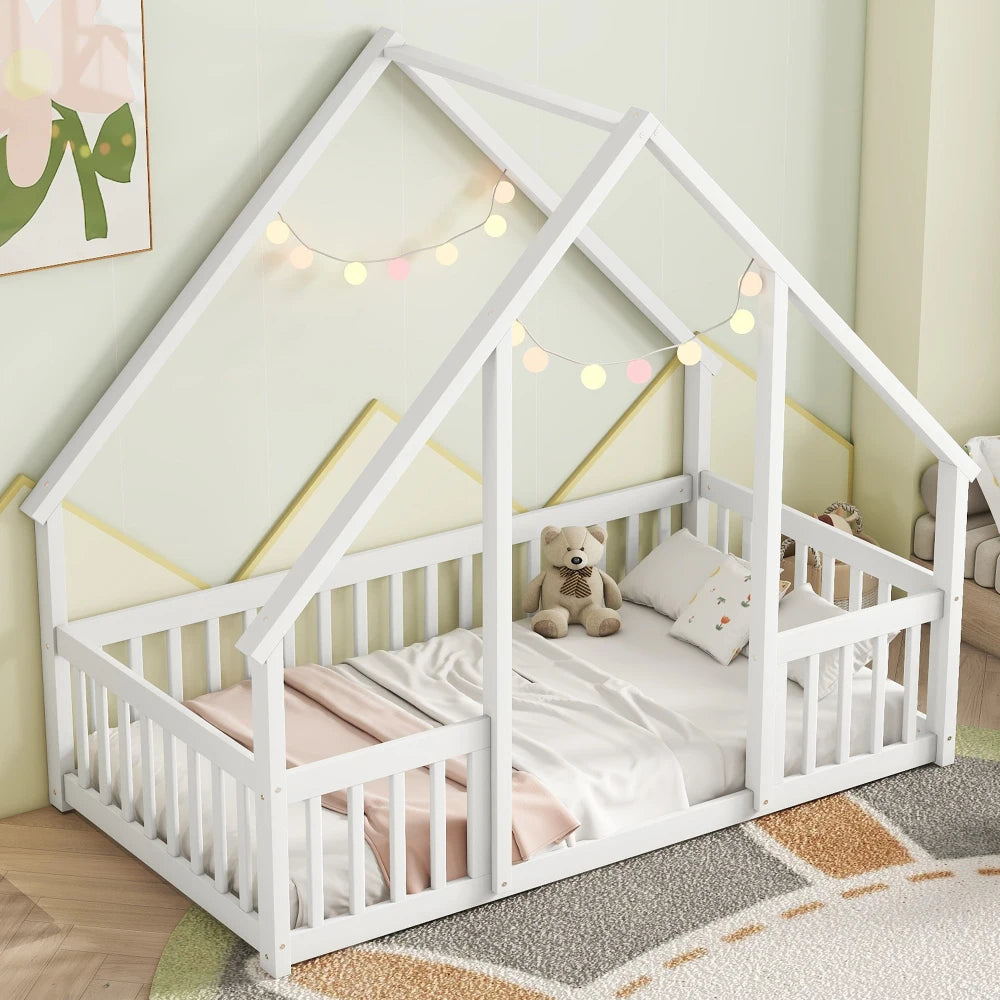 DAAY BABY Twin Wood House-Shaped Floor Bed with Fence