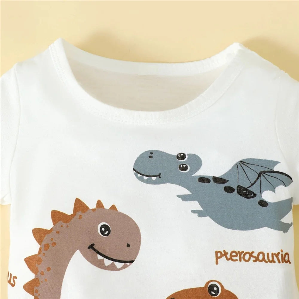 DAAY BABY Dinosaur White Short Sleeve Top+Brown Shorts