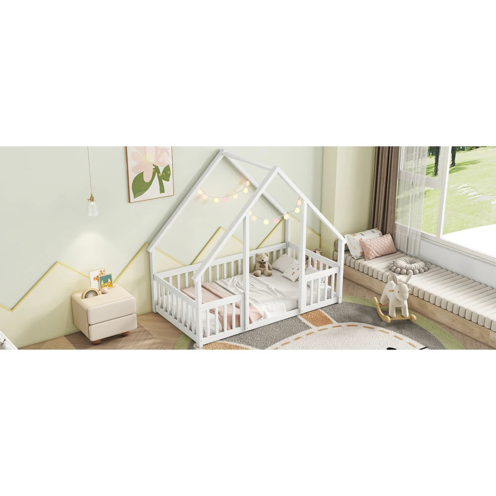 DAAY BABY Twin Wood House-Shaped Floor Bed with Fence