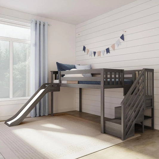 DAAY BABY Twin Size Low Loft Bed with Slide and Stairs