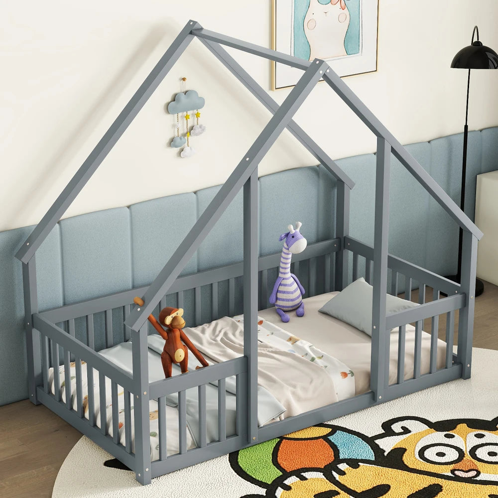 DAAY BABY Twin Wood House-Shaped Floor Bed with Fence