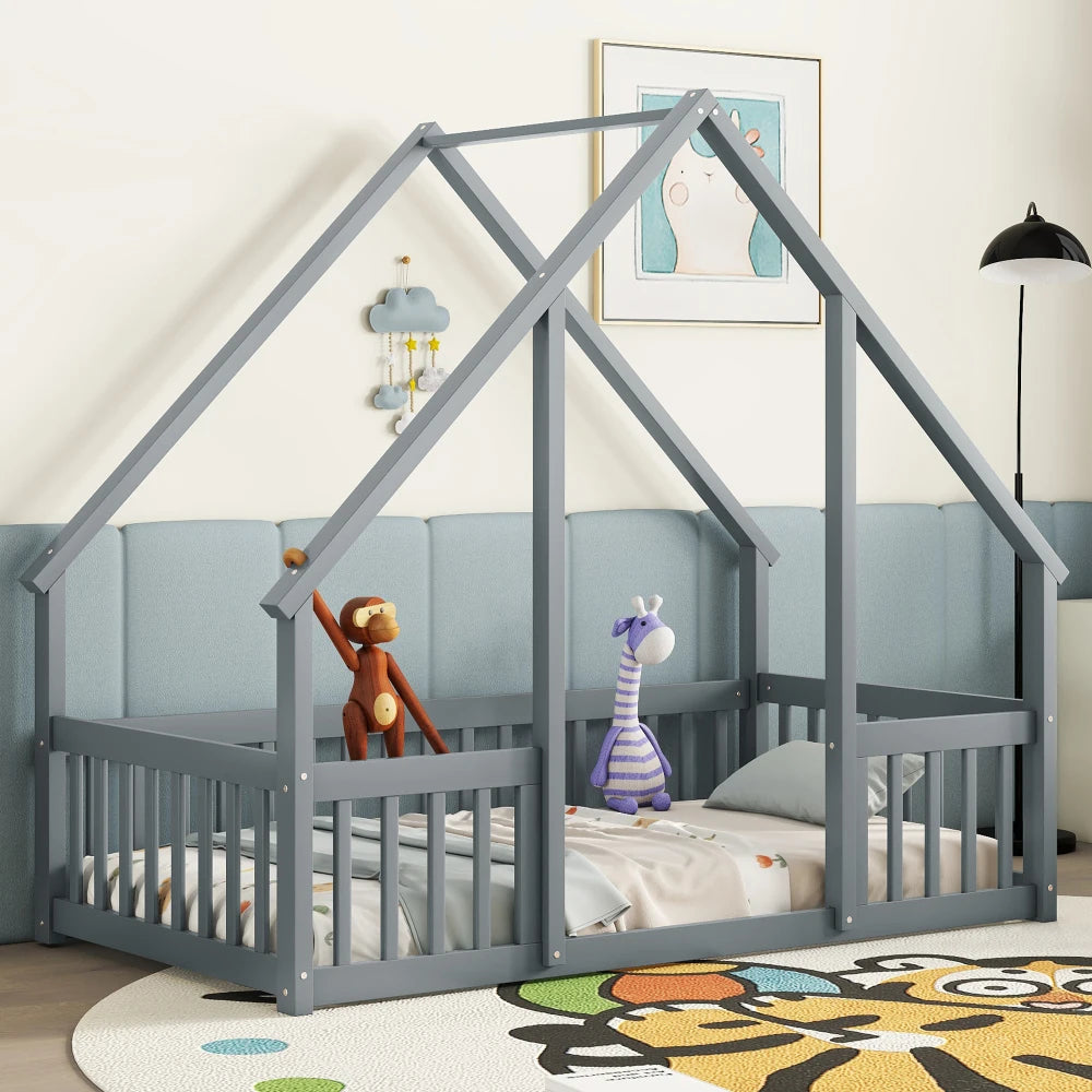 DAAY BABY Twin Wood House-Shaped Floor Bed with Fence