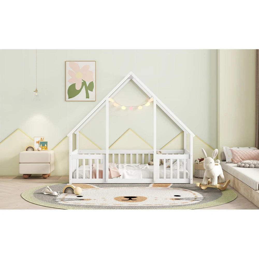 DAAY BABY Twin Wood House-Shaped Floor Bed with Fence