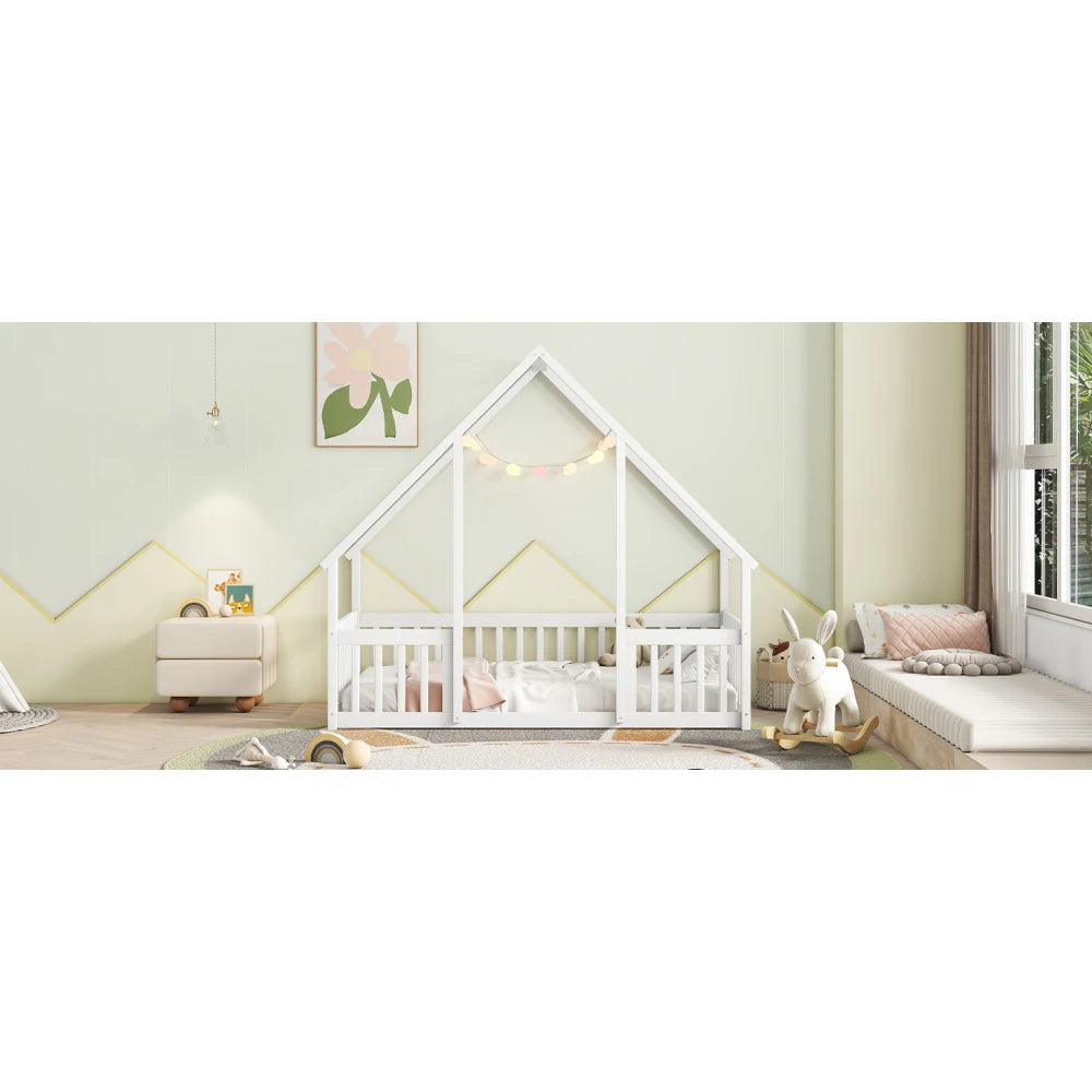 DAAY BABY Twin Wood House-Shaped Floor Bed with Fence