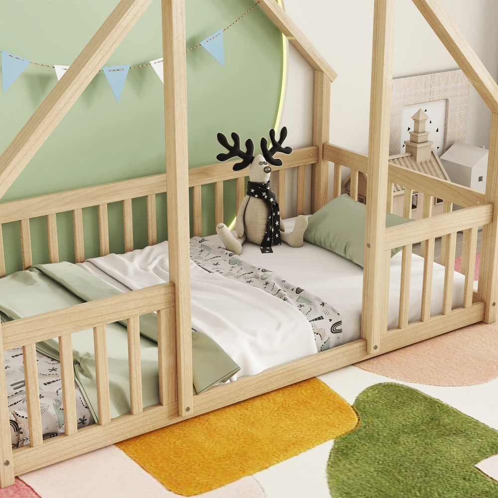 DAAY BABY Twin Wood House-Shaped Floor Bed with Fence