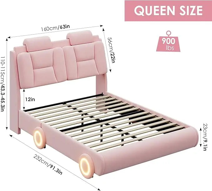 DAAY BABY Queen Upholstered Led Elegant Car Bed Frame