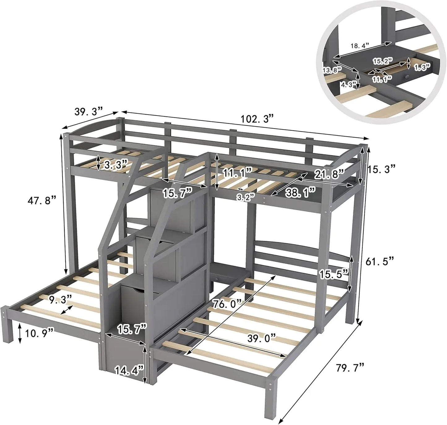 DAAY BABY Twin Over Twin Bunk Bed For 3