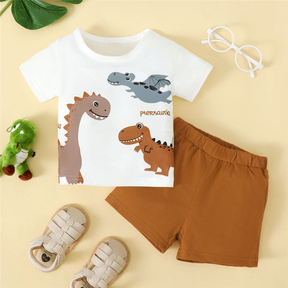 DAAY BABY Dinosaur White Short Sleeve Top+Brown Shorts