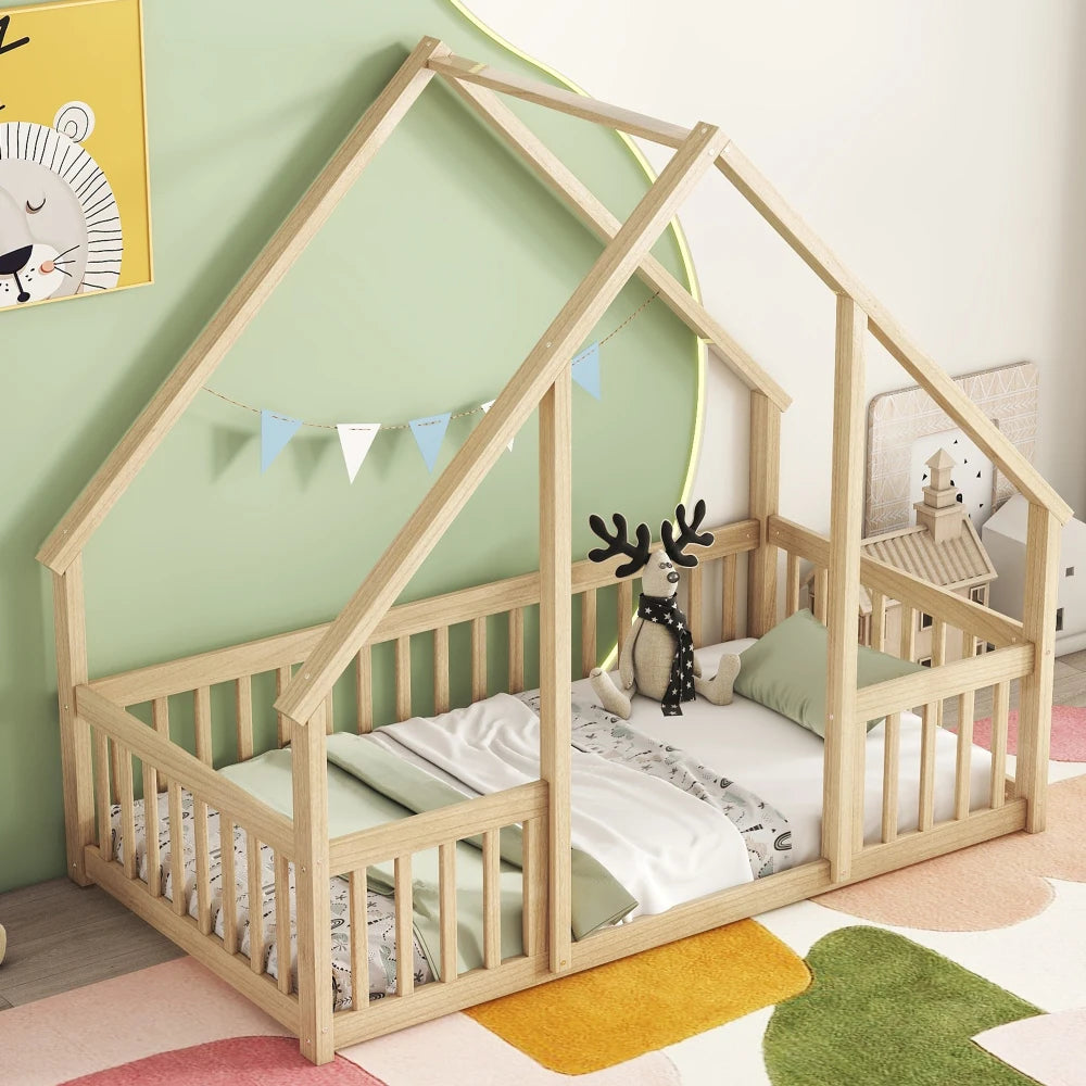 DAAY BABY Twin Wood House-Shaped Floor Bed with Fence