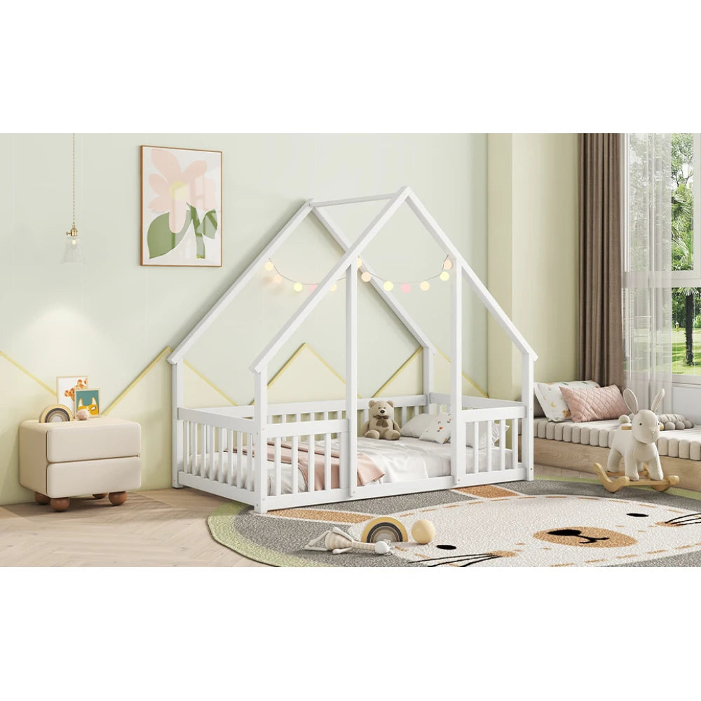 DAAY BABY Twin Wood House-Shaped Floor Bed with Fence