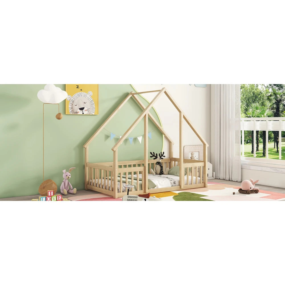 DAAY BABY Twin Wood House-Shaped Floor Bed with Fence