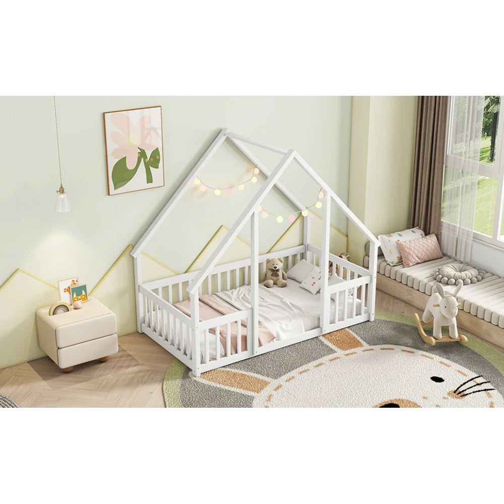 DAAY BABY Twin Wood House-Shaped Floor Bed with Fence