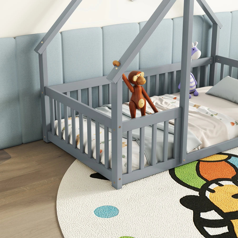 DAAY BABY Twin Wood House-Shaped Floor Bed with Fence