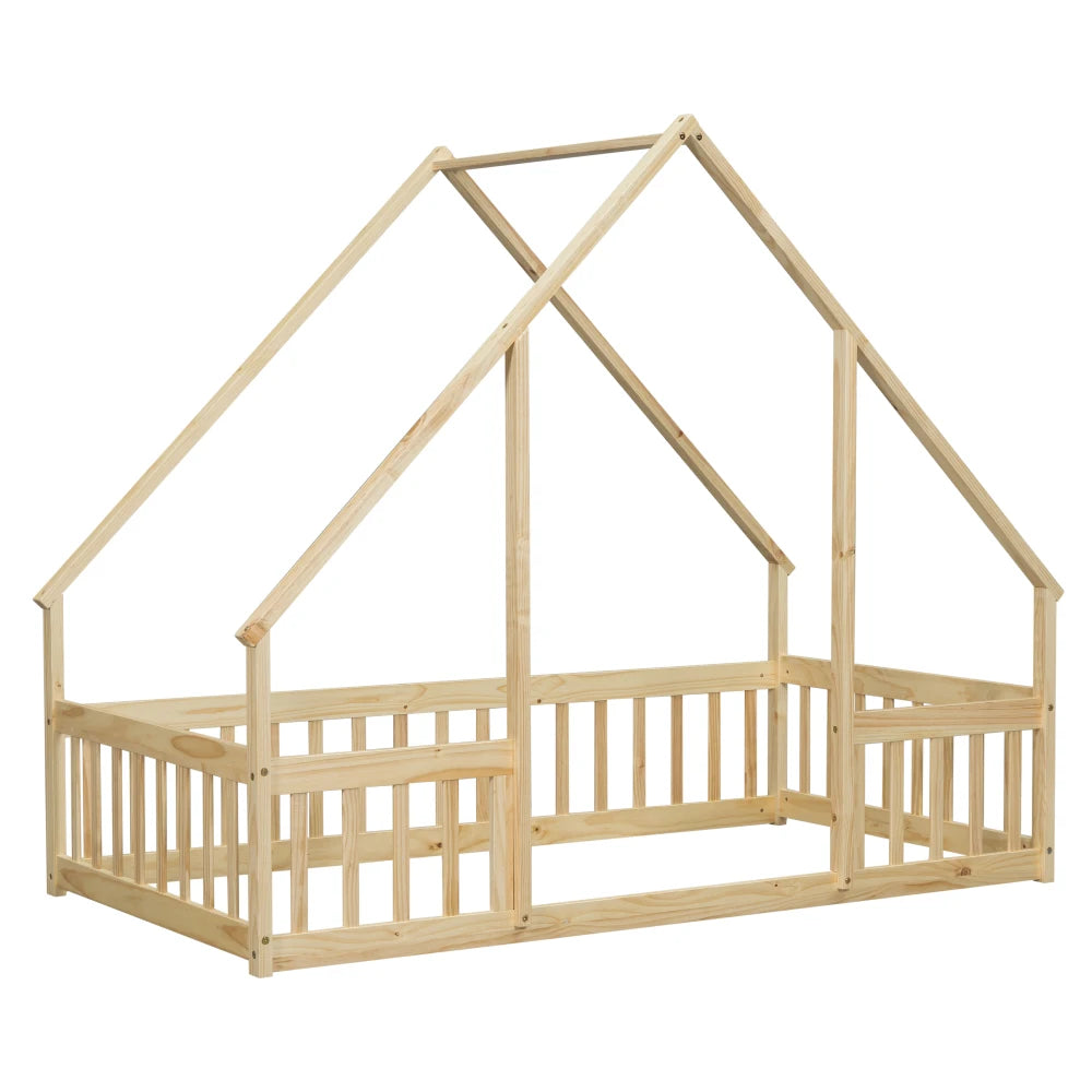 DAAY BABY Twin Wood House-Shaped Floor Bed with Fence