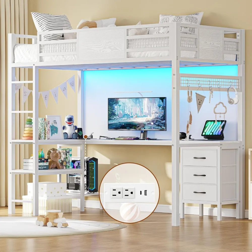 DAAY BABY Twin Loft Bed with L-Shaped Desk