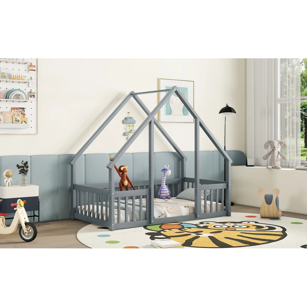 DAAY BABY Twin Wood House-Shaped Floor Bed with Fence