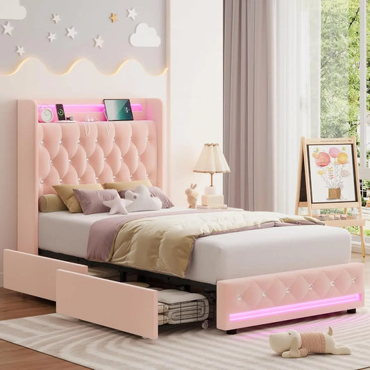 DAAY BABY Twin LED Bed Frame with Charging Station Headboard & 4 Storage Drawers