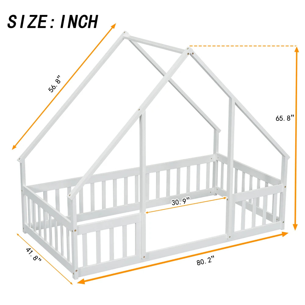 DAAY BABY Twin Wood House-Shaped Floor Bed with Fence