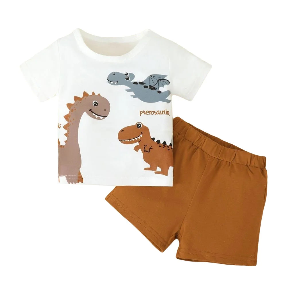 DAAY BABY Dinosaur White Short Sleeve Top+Brown Shorts