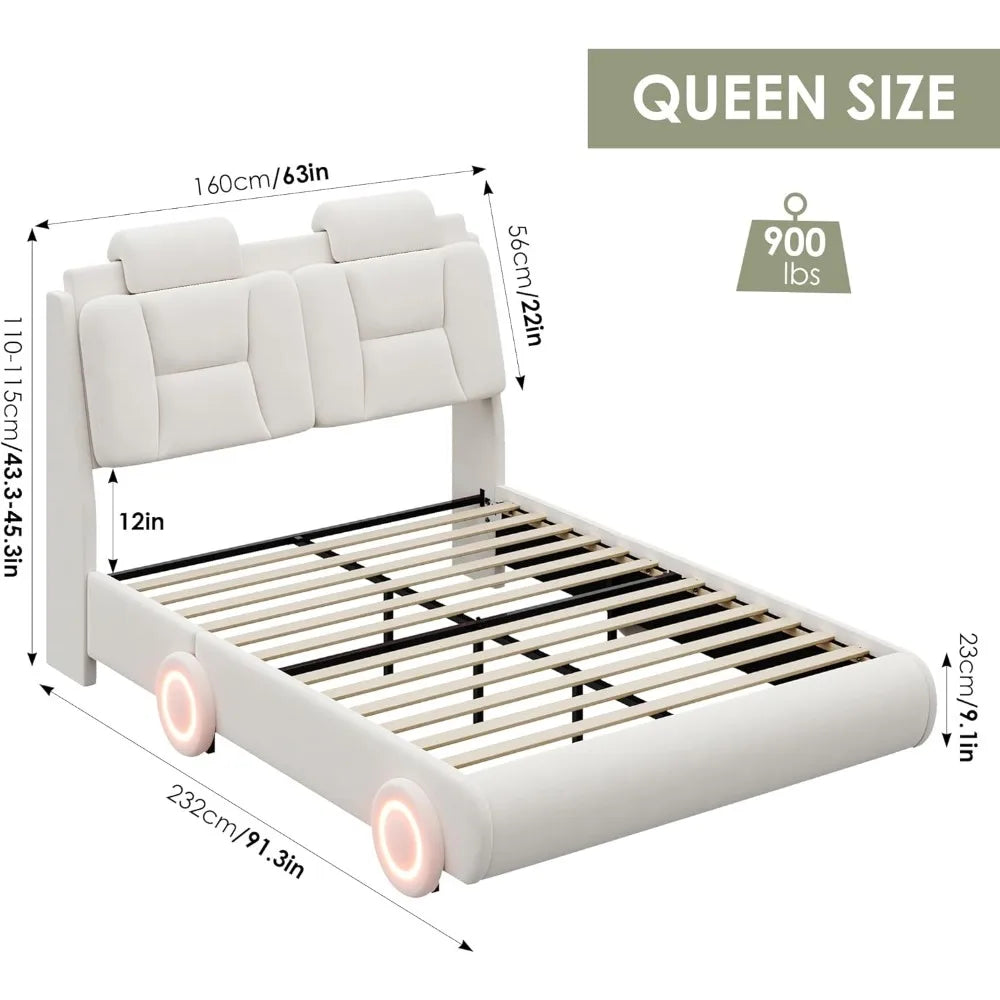 DAAY BABY Queen Upholstered Led Elegant Car Bed Frame