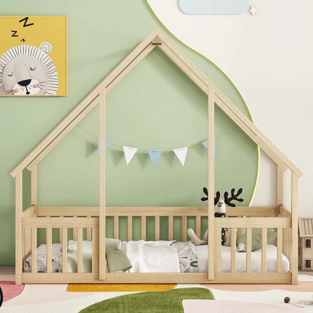 DAAY BABY Twin Wood House-Shaped Floor Bed with Fence