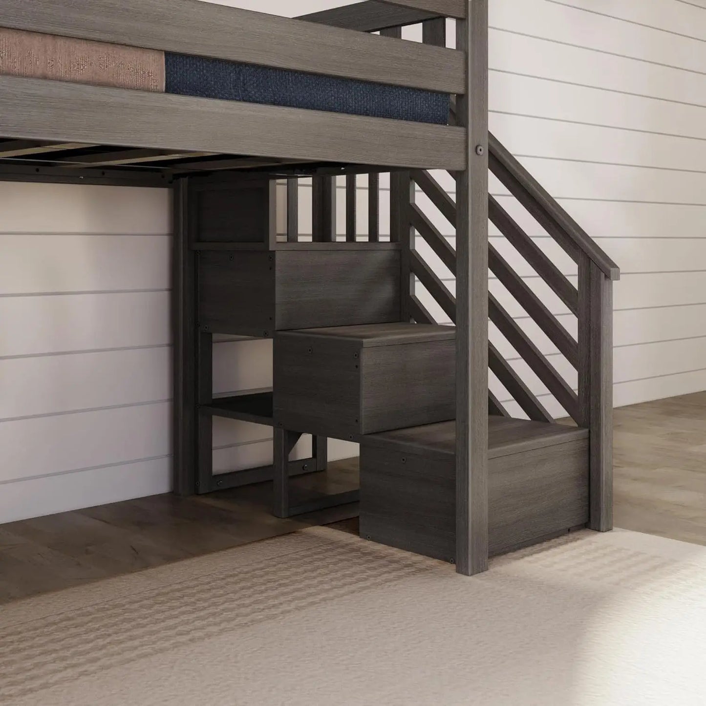 DAAY BABY Twin Size Low Loft Bed with Slide and Stairs