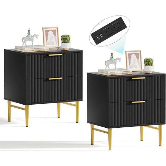 DAAY BABY Fluted Black Nightstand (Set of 2) with Charging Station