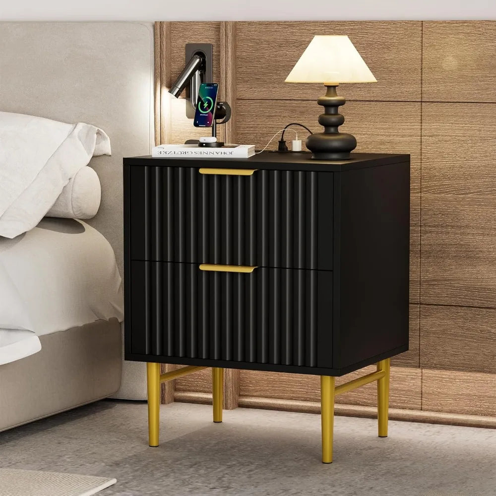 DAAY BABY Fluted Black Nightstand (Set of 2) with Charging Station