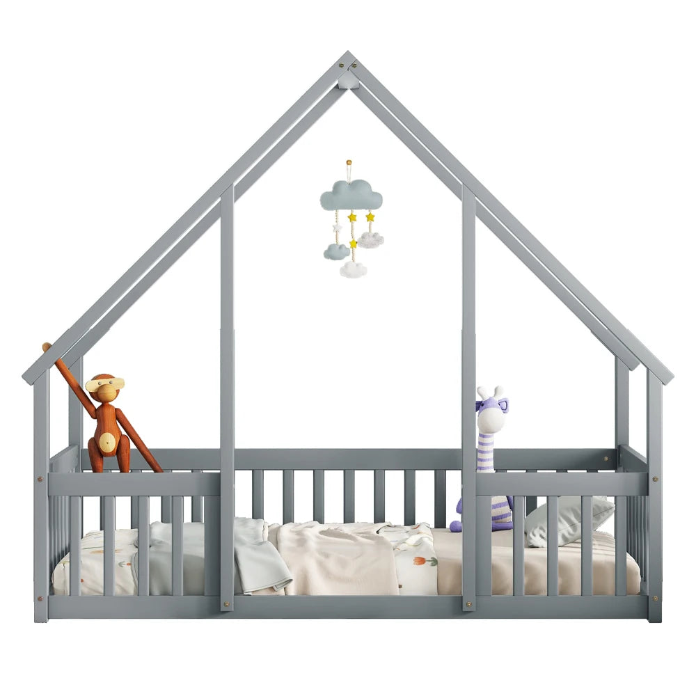 DAAY BABY Twin Wood House-Shaped Floor Bed with Fence