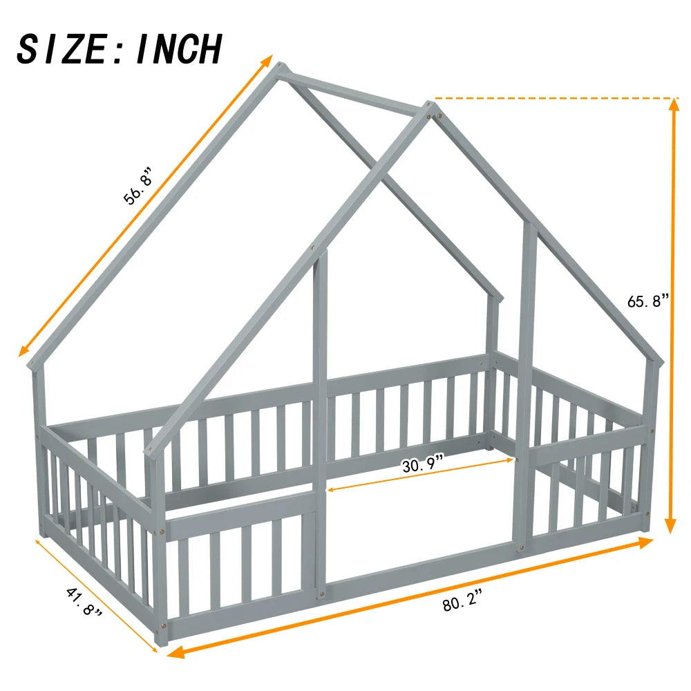 DAAY BABY Twin Wood House-Shaped Floor Bed with Fence