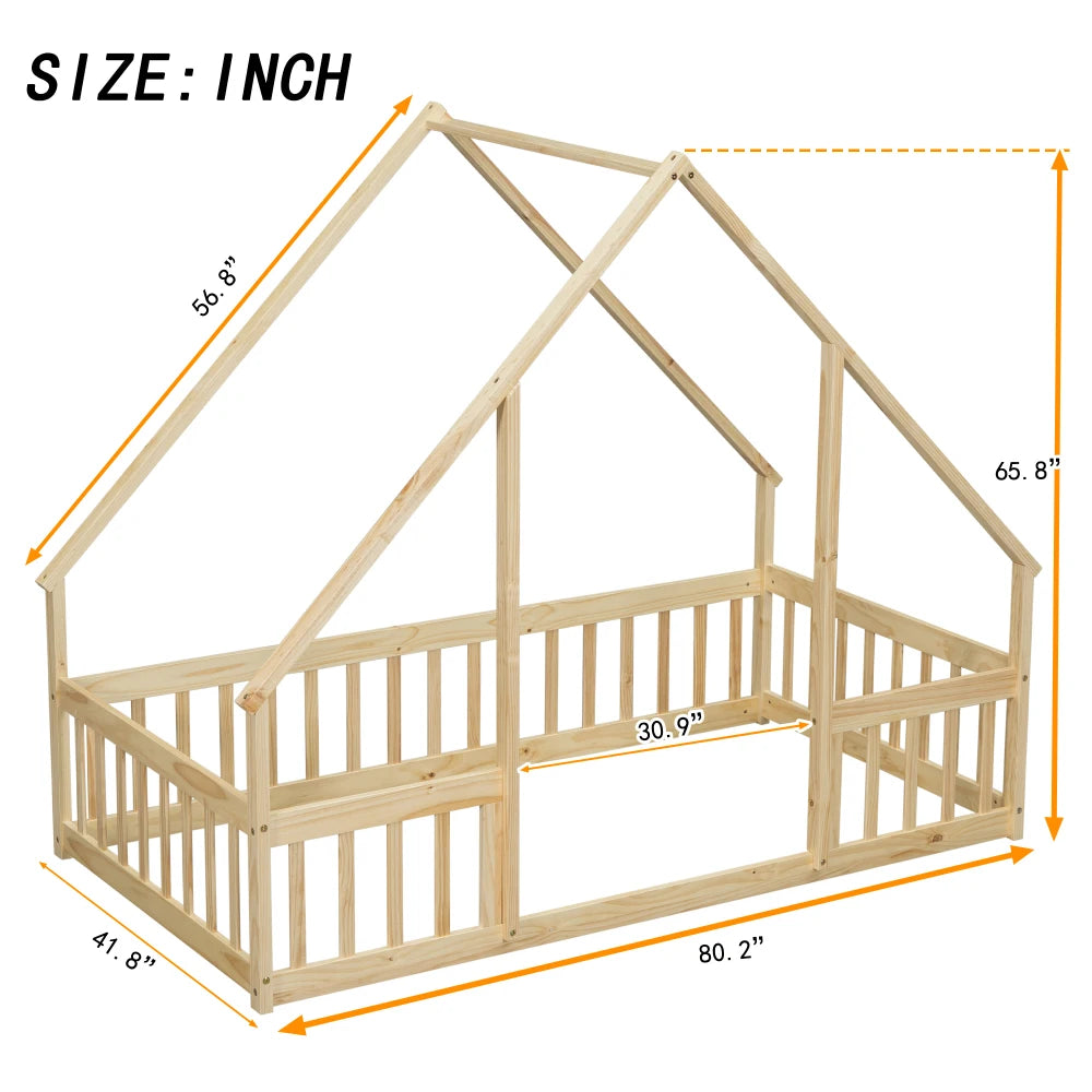 DAAY BABY Twin Wood House-Shaped Floor Bed with Fence