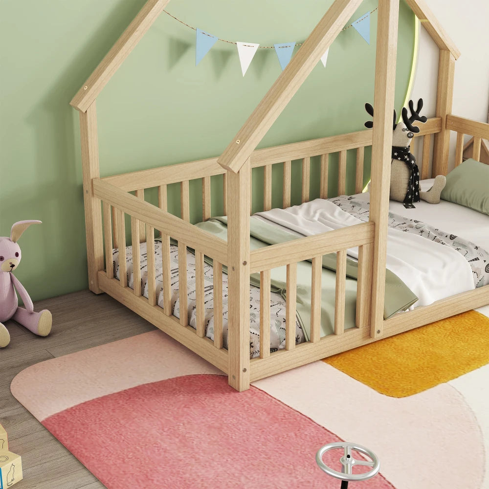 DAAY BABY Twin Wood House-Shaped Floor Bed with Fence