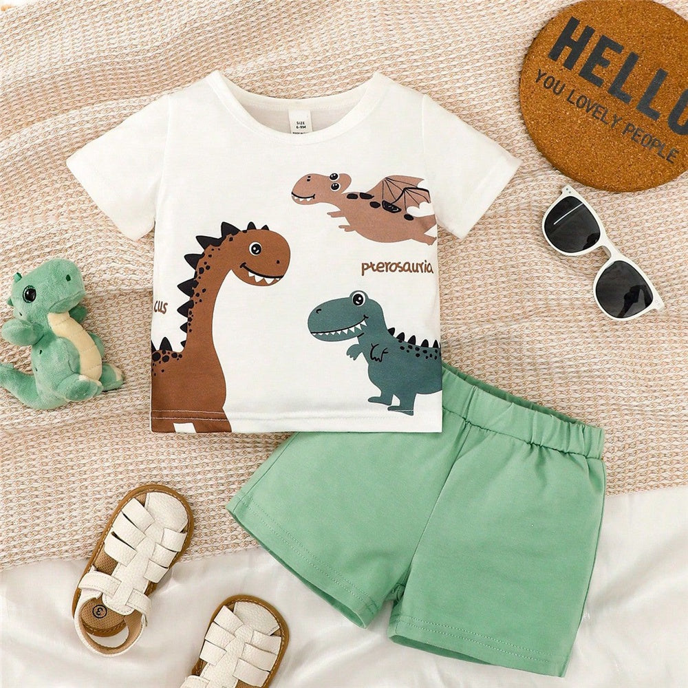 DAAY BABY Dinosaur White Short Sleeve Top+Brown Shorts