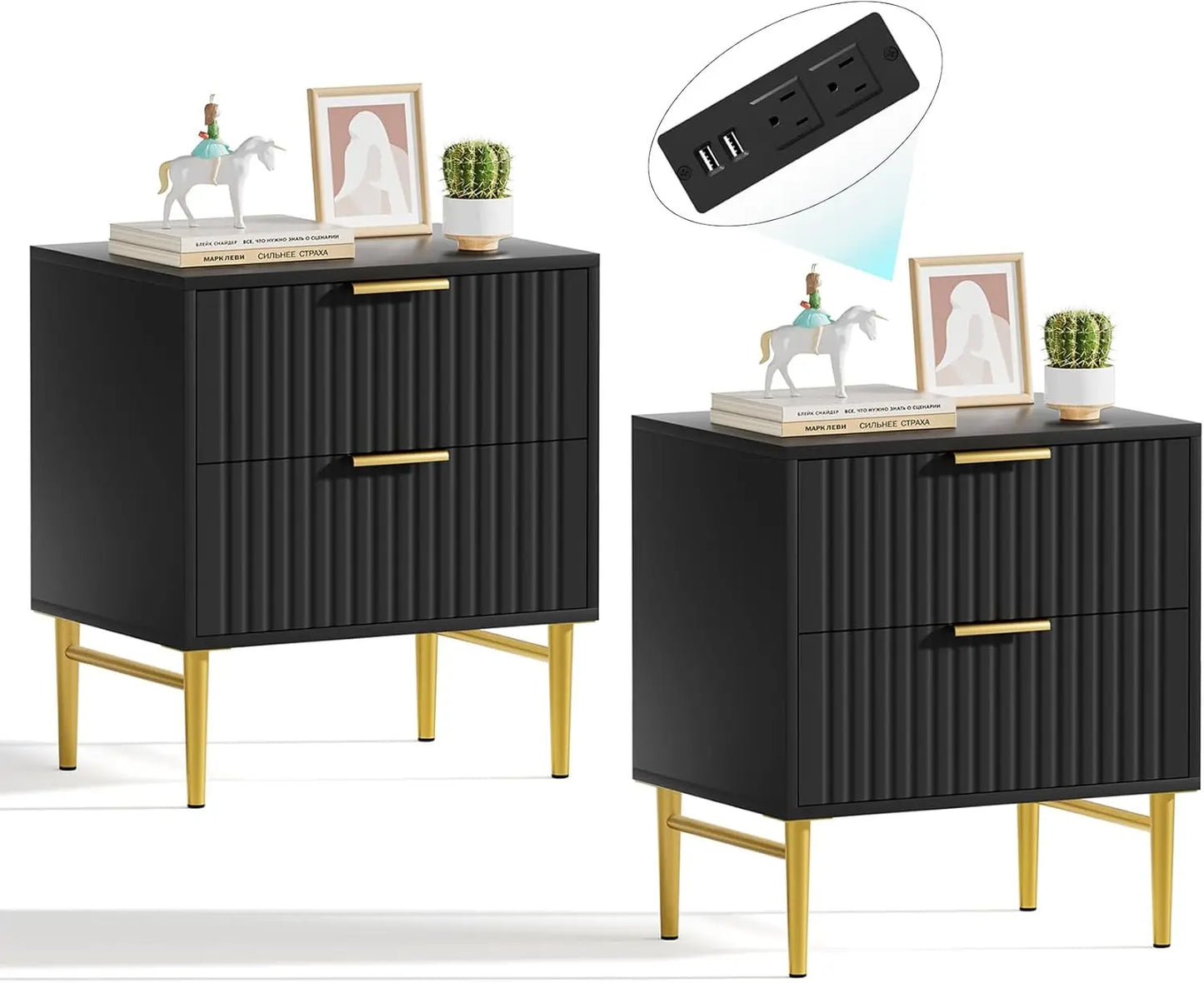 DAAY BABY Fluted Black Nightstand (Set of 2) with Charging Station