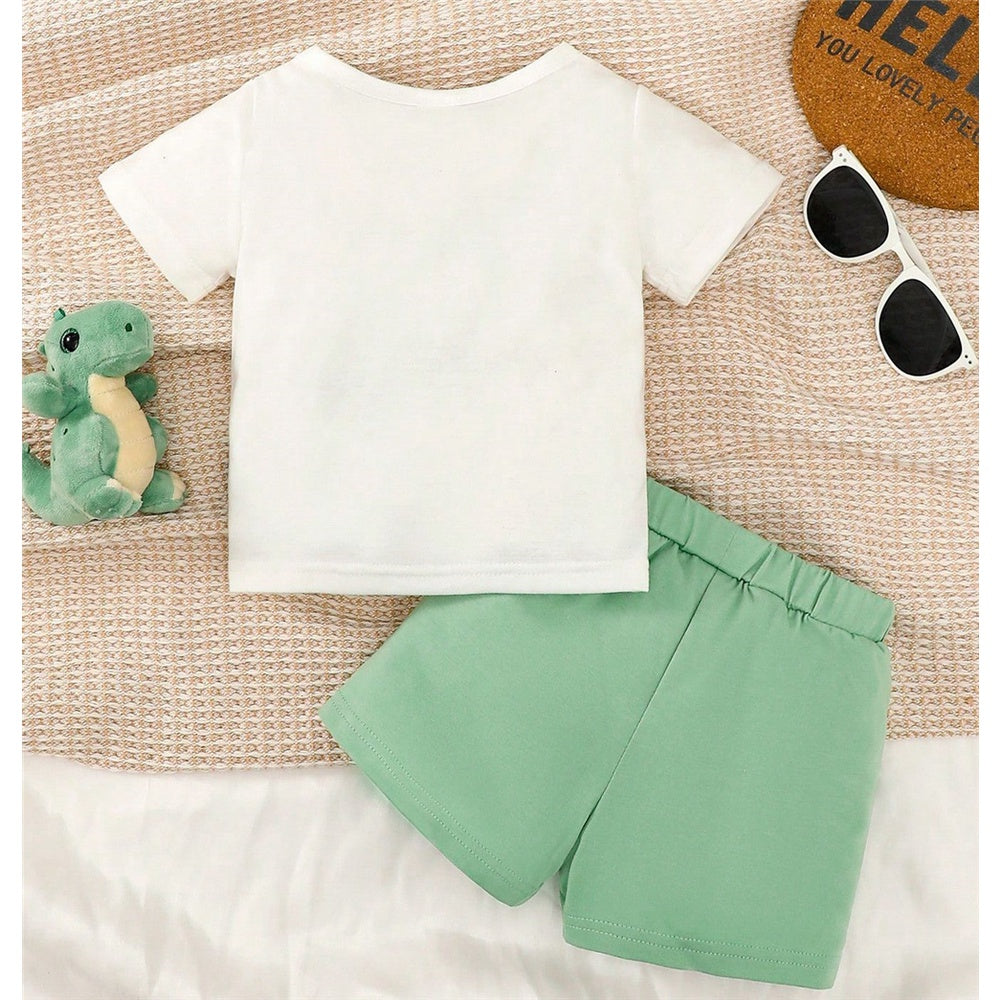 DAAY BABY Dinosaur White Short Sleeve Top+Brown Shorts