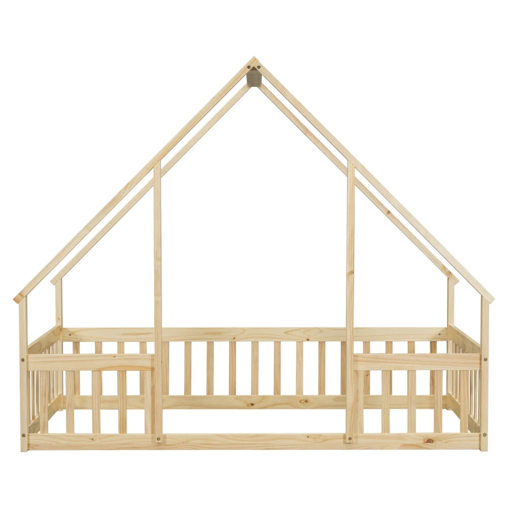 DAAY BABY Twin Wood House-Shaped Floor Bed with Fence