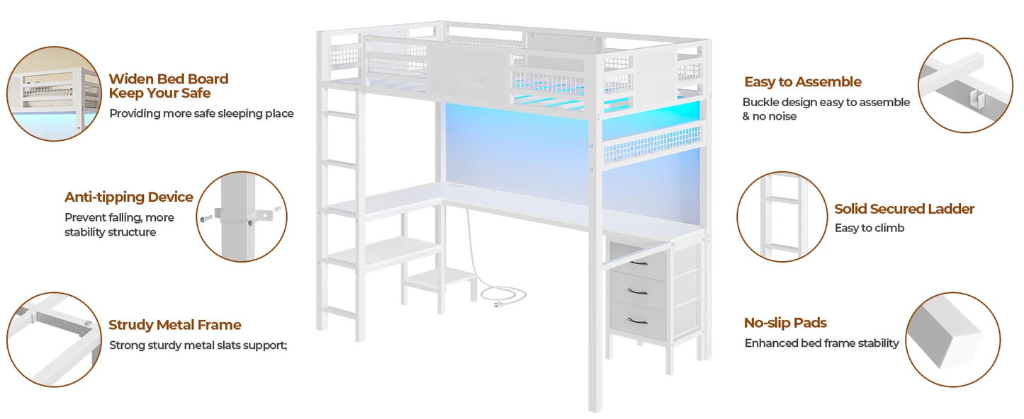 DAAY BABY Twin Loft Bed with L-Shaped Desk