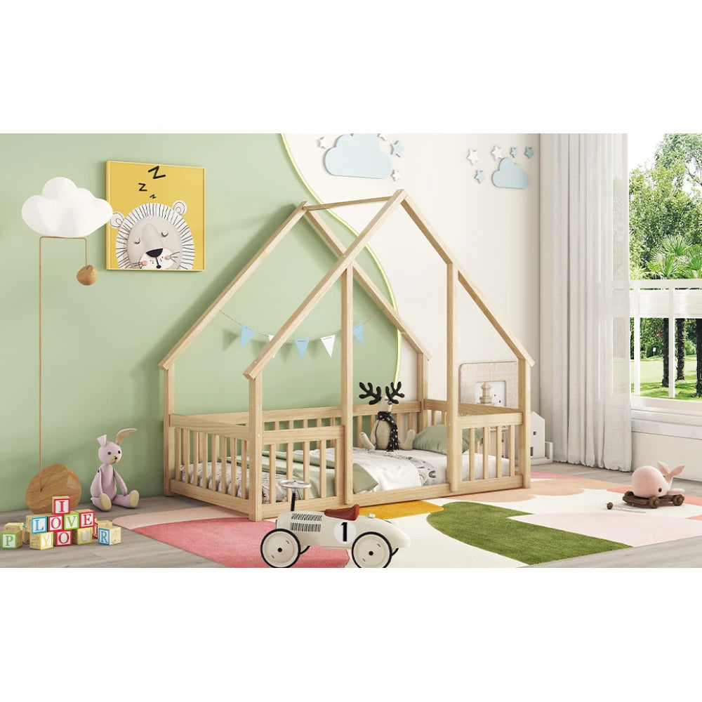 DAAY BABY Twin Wood House-Shaped Floor Bed with Fence