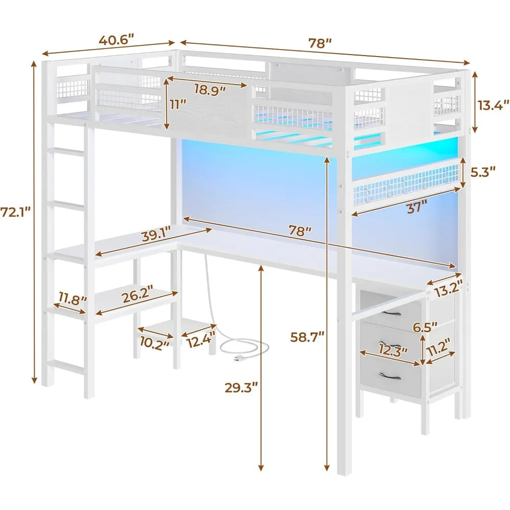 DAAY BABY Twin Loft Bed with L-Shaped Desk