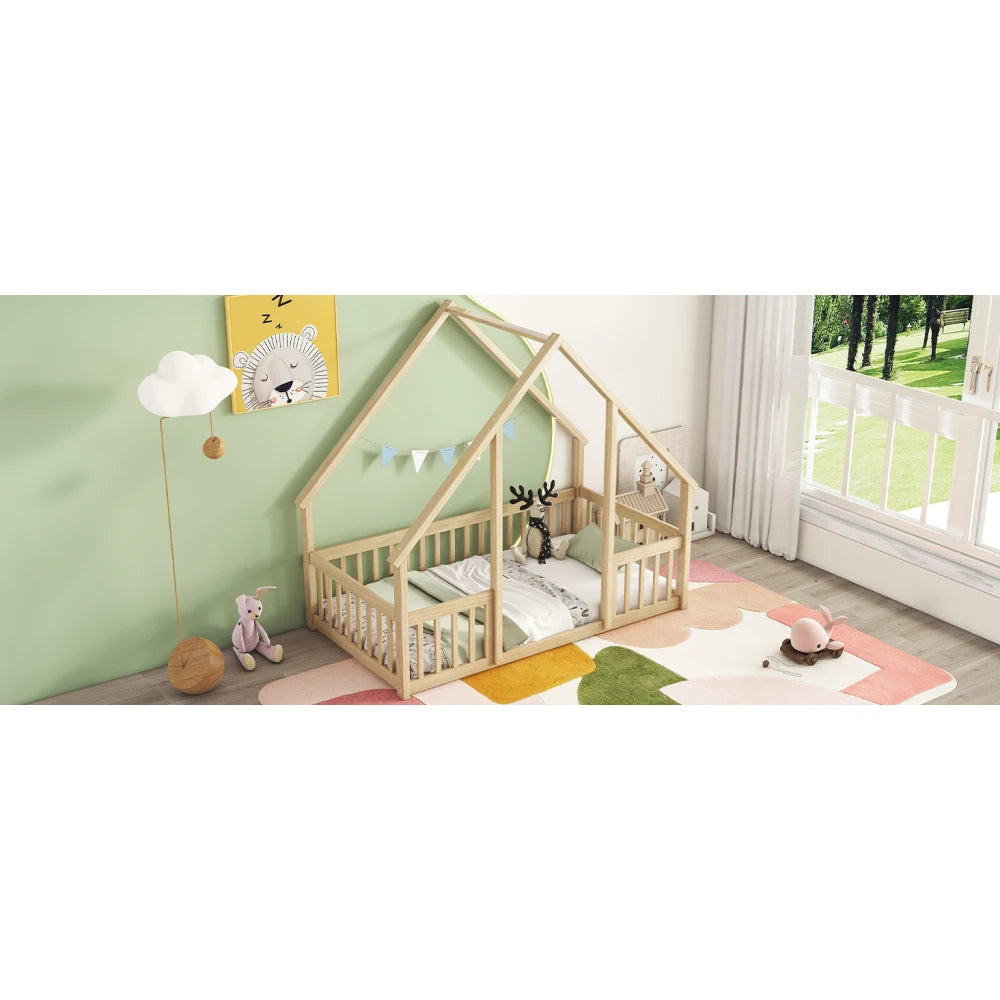 DAAY BABY Twin Wood House-Shaped Floor Bed with Fence