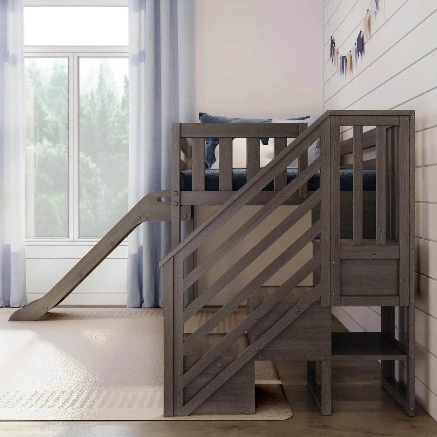 DAAY BABY Twin Size Low Loft Bed with Slide and Stairs