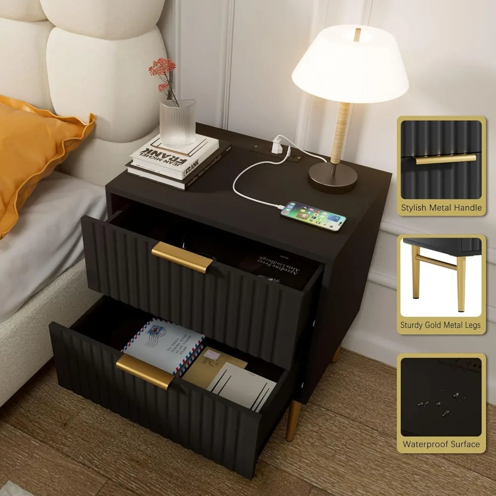 DAAY BABY Fluted Black Nightstand (Set of 2) with Charging Station