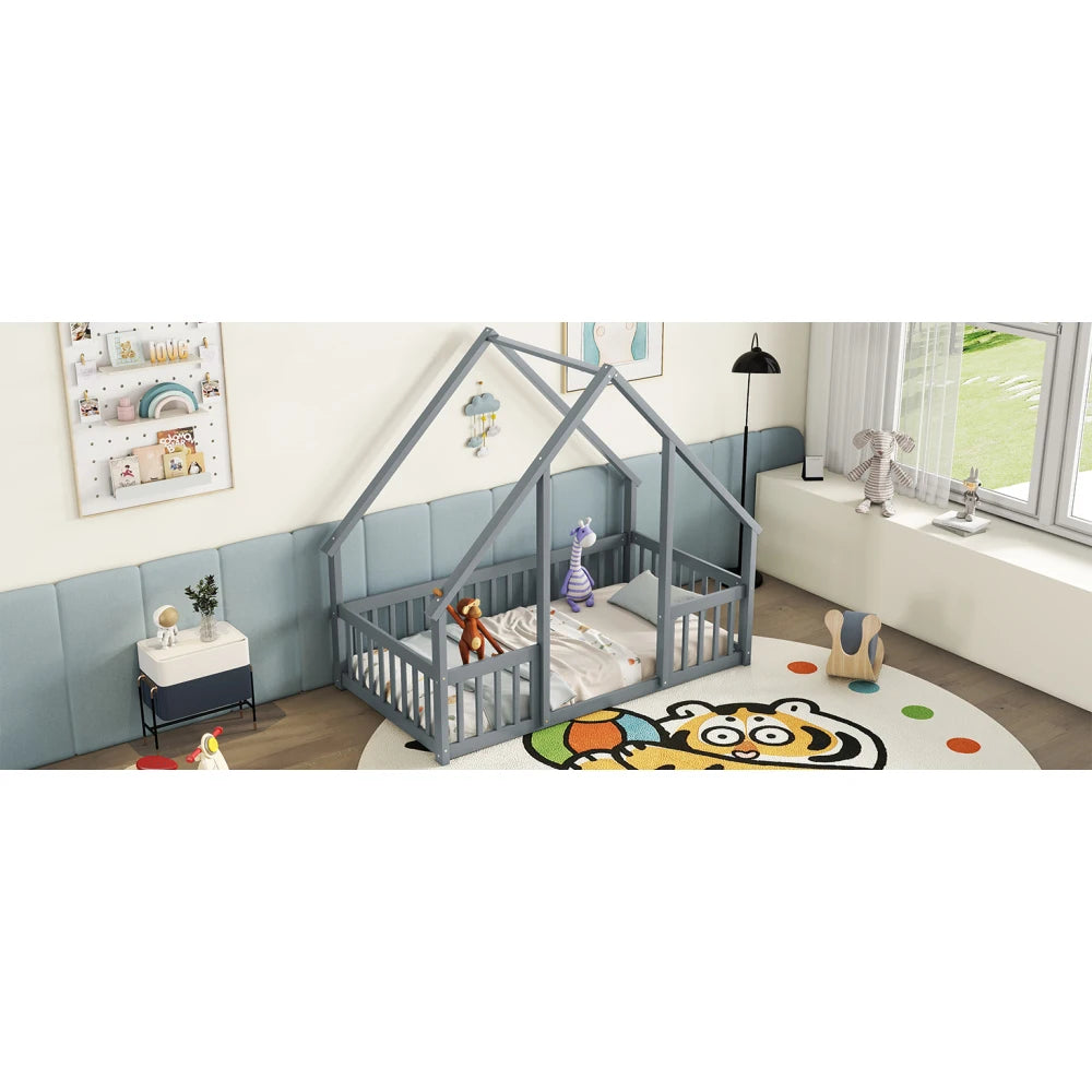 DAAY BABY Twin Wood House-Shaped Floor Bed with Fence