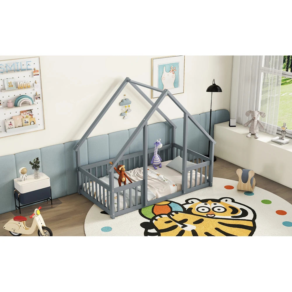 DAAY BABY Twin Wood House-Shaped Floor Bed with Fence