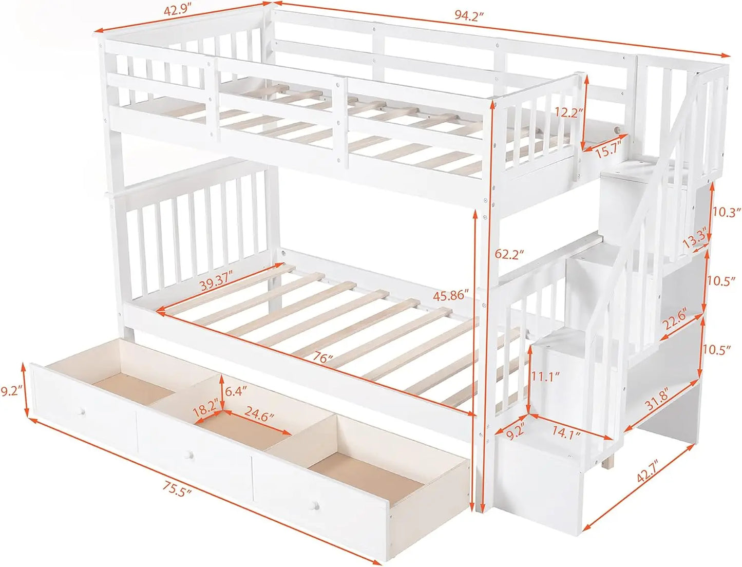 DAAY BABY Twin Over Twin Bunk Beds with Storage